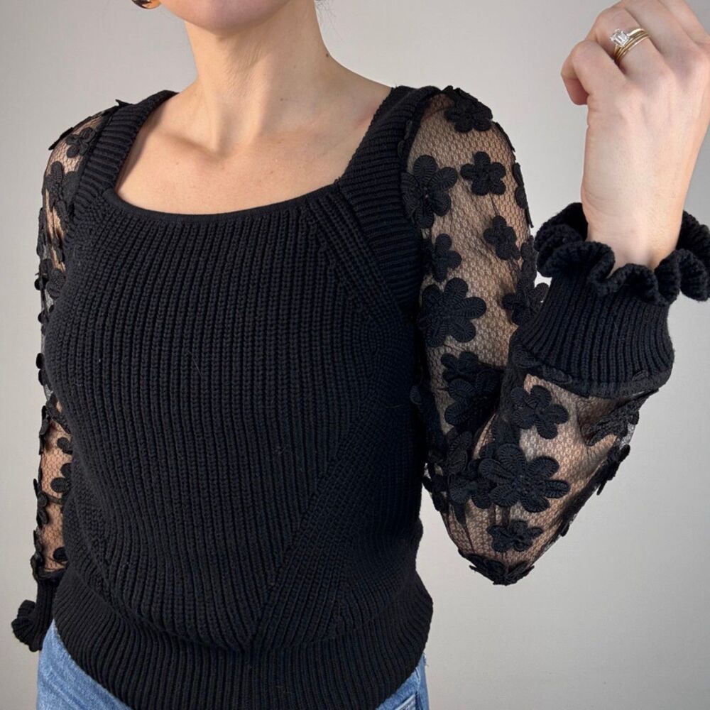 Black Ribbed Knit Sweater Top Sheer Floral Mesh Puff Sleeves Square Neck